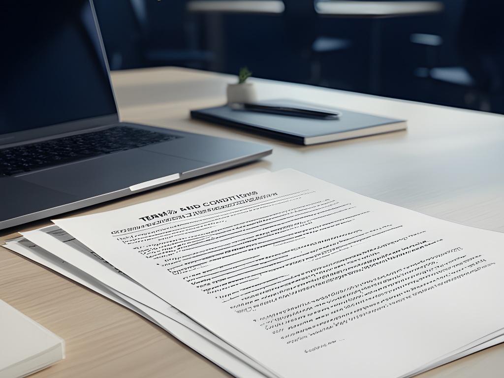 Printed terms document on a desk beside a laptop in a quiet office