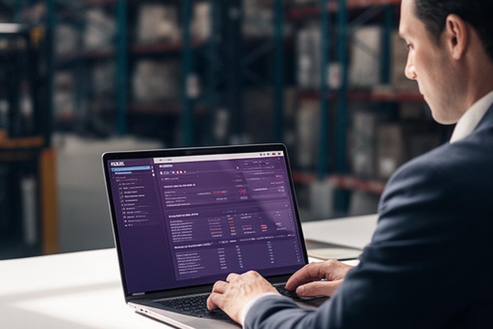 Operations manager reviewing resource data on a desktop screen in a warehouse office