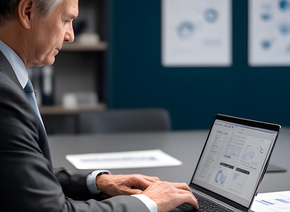 Senior consultant reviewing a factory resource report beside a laptop in a quiet meeting room