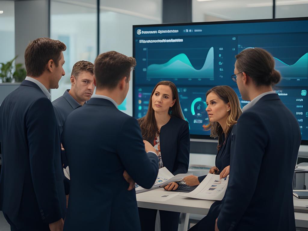 Operations team reviewing resource data on a large screen in a modern UK office