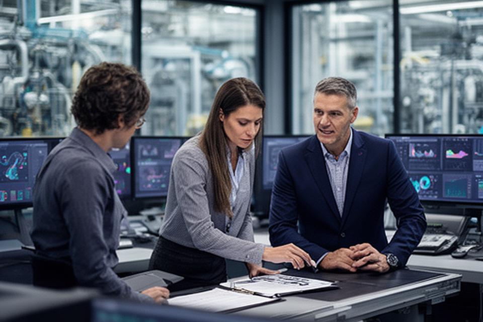 Consultants reviewing production data with a plant manager in a bright operations room