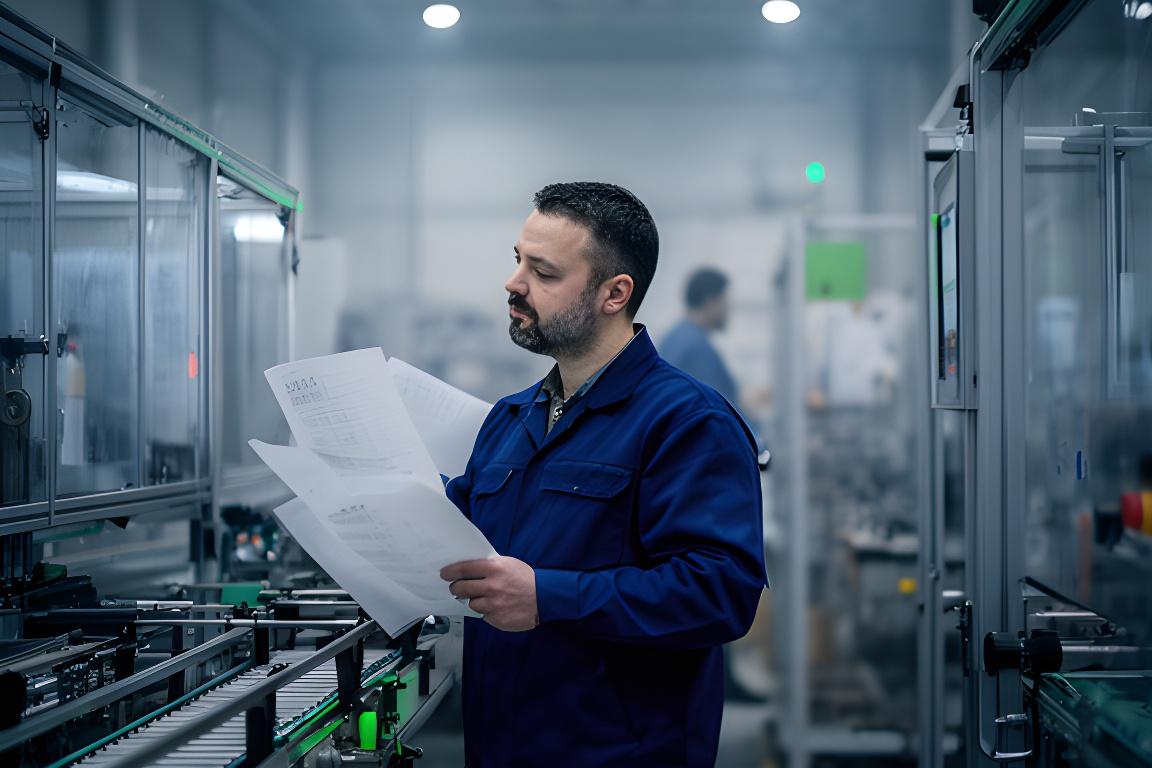 Operations manager reviewing resource reports beside a production line in a modern facility