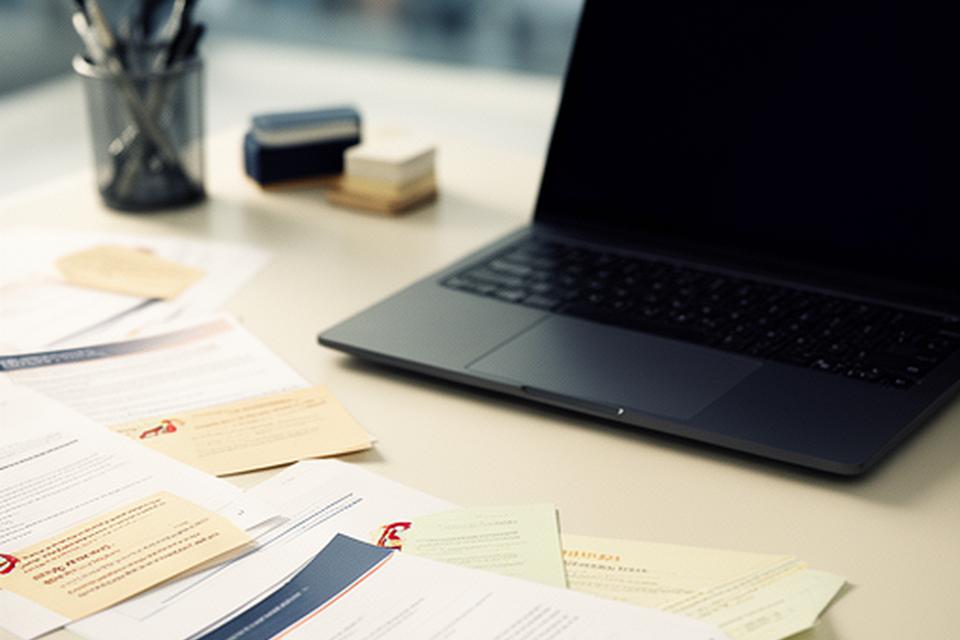 Desk with printed privacy notes beside a laptop and office stationery